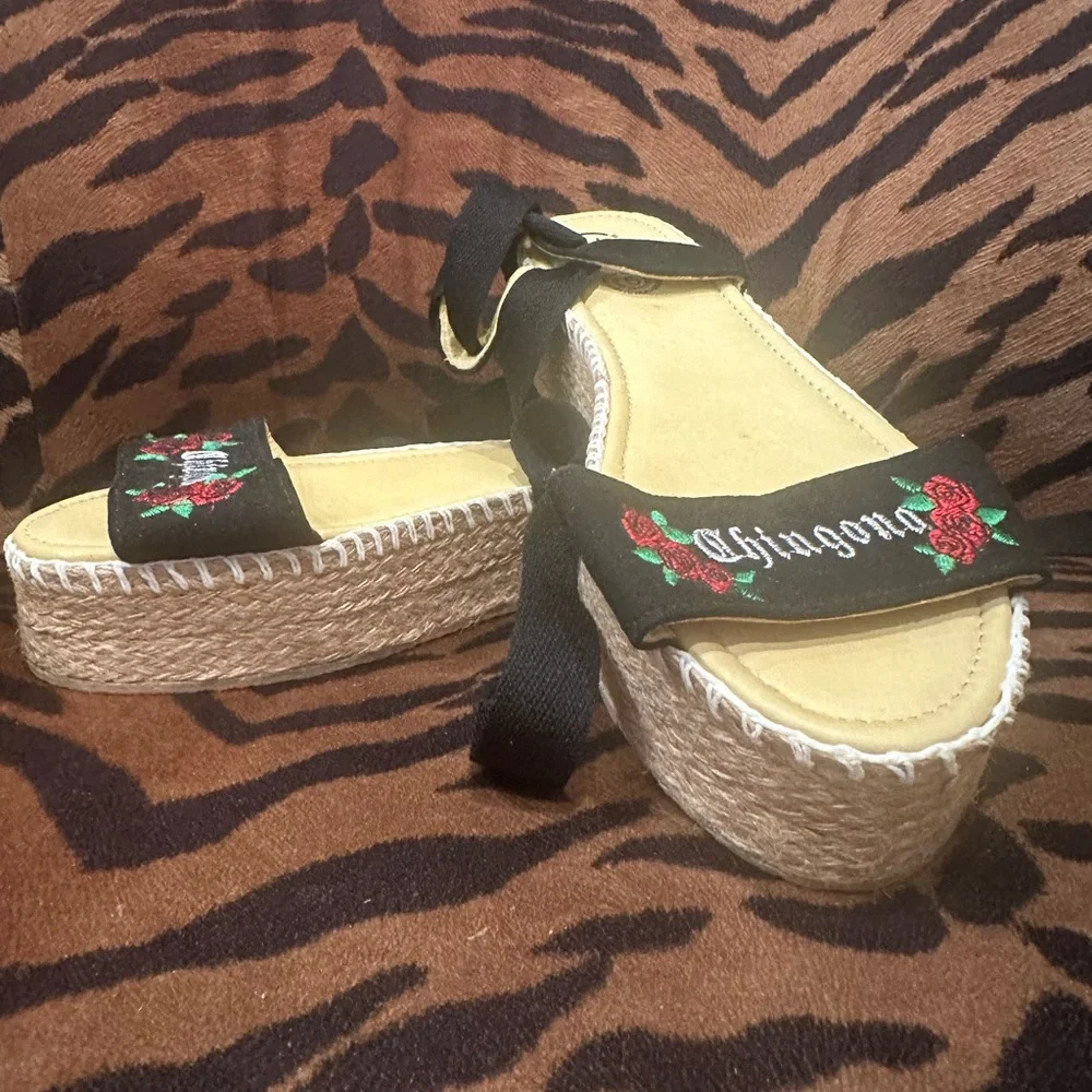 Yellow Espadrille Platforms with Black Embroidered Strap